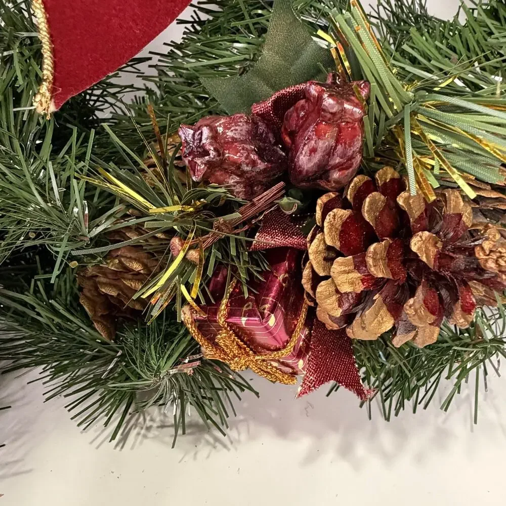 Christmas Wreath Burgundy Velvet Bow Pinecones Apples Berries Holiday Decor